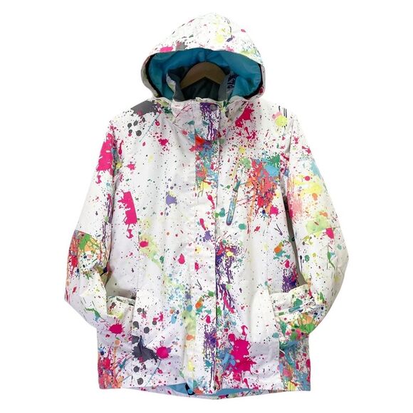 GSOU Snow 10K Waterproof Ski Snowboard Jacket White Paint Splatter Size Large - Picture 2 of 15